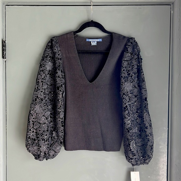 FRENCH CONNECTION black lace sleeve sweater NWT - Picture 1 of 4